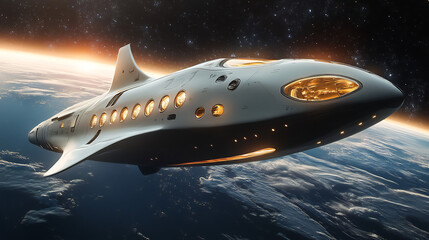 Obraz premium Sleek futuristic passenger spacecraft flying in orbit above a blue planet with a glowing sunrise and stars in the background