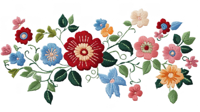 The embroidery showcases vibrant flowers and lush green leaves, creating a cheerful vibe