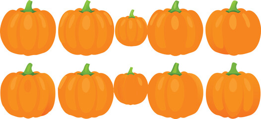 Set of fresh orange pumpkins, squash, and gourds isolated on white, perfect for autumn harvest, Halloween, or Thanksgiving decorations