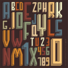 Vintage 3D-style alphabet and number set. Retro colorful typography design with dimensional block letters and numbers on a dark background. Ideal for posters, signage, and graphic design projects.