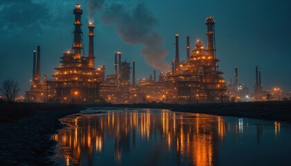 Naklejka premium Night scene of illuminated industrial complex featuring towering structures, pipes, smokestacks. Factory lights create warm glow reflected in water. Complex represents modern manufacturing, energy