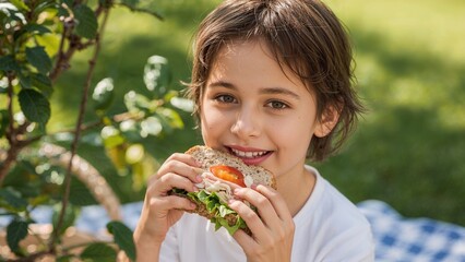 A young boy with short brown hair is smiling while holding and eating a sandwich outdoors in a garden
