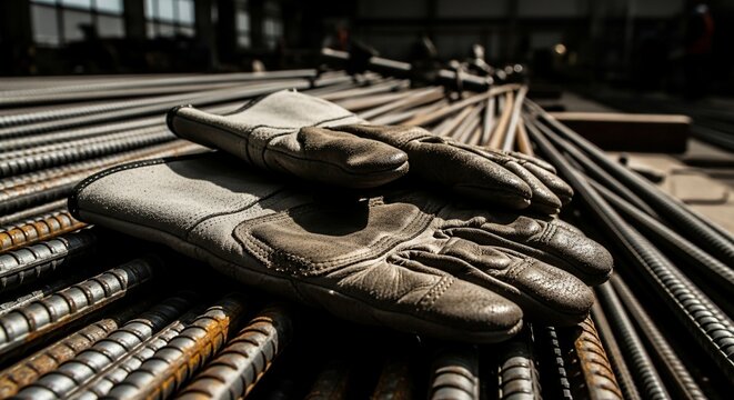 Close-up of worn leather work gloves resting on a pile of steel rebar rods