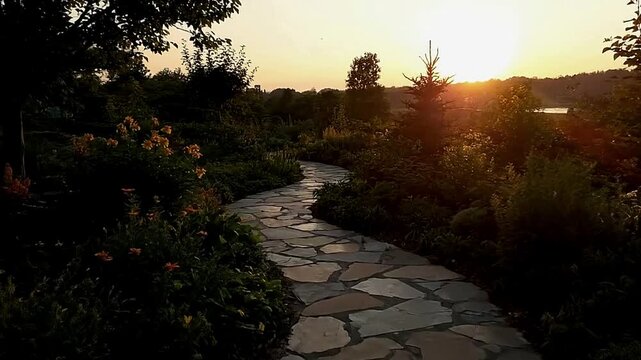 Stone path winds through lush garden at sunset Light filters through trees casting shadows