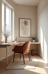 Fototapeta premium Modern minimalist home office featuring sleek leather chair at clean desk bathed in natural light. Productive workspace blends functionality, simplicity with contemporary decor. Features warm wood
