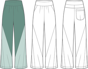 Geometric panel track pants flat vector, fashion CAD illustration, technical sketch for sportswear design, modern unisex garment template drawing