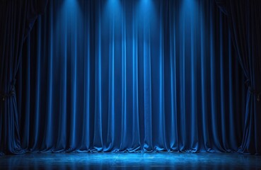 Closed blue velvet theatrical curtain illuminated by spotlights. Elegant stage textile backdrop for cinema, drama, award ceremony, concert, or premiere. Classic auditorium entrance.