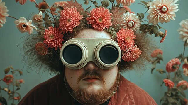 Surreal Cinematic Landscape with a Bearded Man in Glasses Surrounded by Dreamy Flowers and Epic Colors