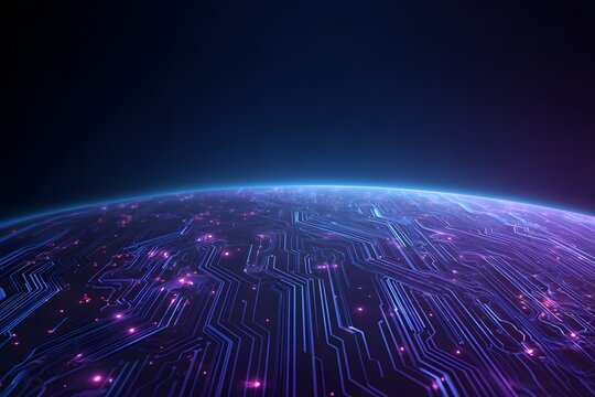Abstract digital technology background with blue and purple colors, circuit board lines forming the shape of a planet Earth on a dark blue gradient background. 