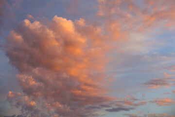Bright pink and red clouds during sunset or sunrise in a blue sky. Dramatic sky with colorful cloud formations. Nature and sky scenery. Beautiful and moody atmospheric weather