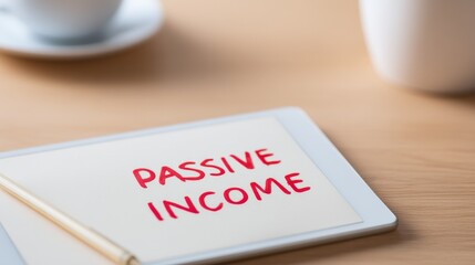 Smart Investment Strategies for Generating Passive Income, A tablet displaying "PASSIVE INCOME" on a wooden table with coffee cups in the background.
