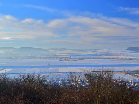 Fog bank over the Tarnava Mica River in the middle of winter, on European Route E60