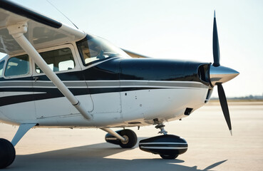 Small propeller aircraft parked on tarmac. White and black fuselage, clear sky background. Propeller, wings, fuselage detail. General aviation, private flight, travel transport.
