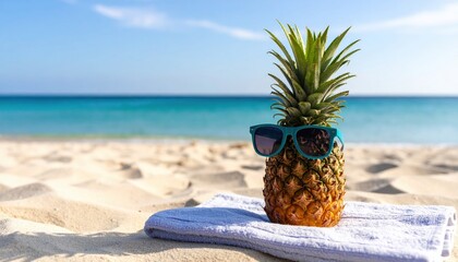 Pineapple with bright sunglasses resting on a beach towel or lounger. Blue water and horizon behind. Shot at a 45-degree angle, soft lighting.