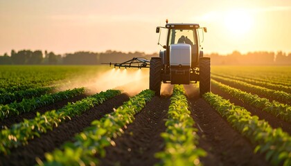Tractor spraying field at sunset.