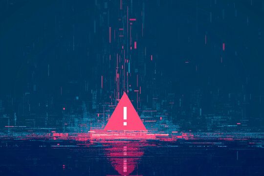 Abstract Cybersecurity Warning Digital Error Screen Background with Red Triangle Alert and Glitch Effect
