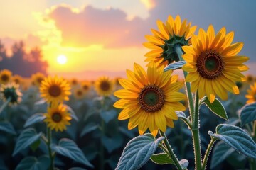 Obraz premium Frosty sunrise paints a winter field of sunflowers, ice crystals clinging to petals , cold, botany, ice