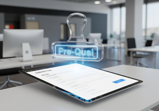 Digital Pre-Qualification for Loans and Services: Holographic Stamp Over Tablet in Modern Office for Efficient Approval Process