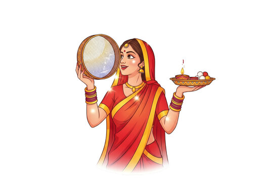 Traditional Indian Woman Celebrating Karva Chauth Festival with Lamp and Sieve