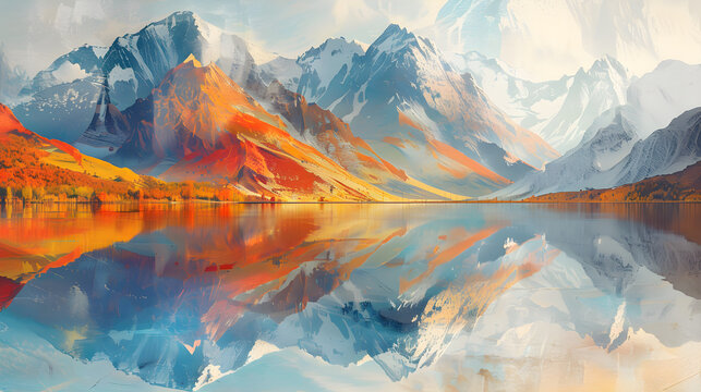 Abstract Mountain Range Reflecting in Water Depicting the Four Seasons, in high resolution clean minimal style stock photo illustration background image ideal for templates advertisements and web bann