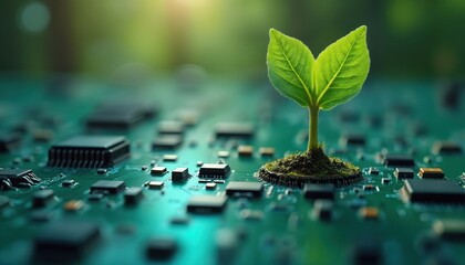 Green sprout grows from electronic motherboard, clean energy, sustainable tech, AI innovation. Blend of nature, advanced circuitry represents eco-friendly growth, futuristic digital ecosystem.