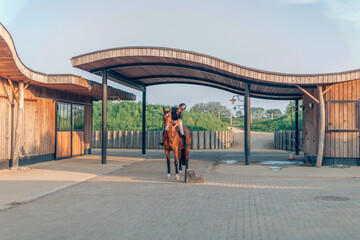 Horse rider training at modern equestrian center with wooden stable and canopy