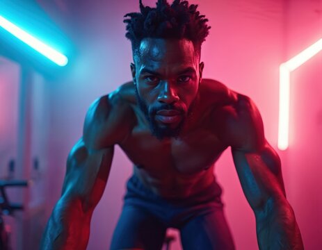 Determined man pedals spin bike in neon-lit studio. Athlete sweats, showing intense cardio, energy, motivation for fitness, health, sport, gym training, and active lifestyle.