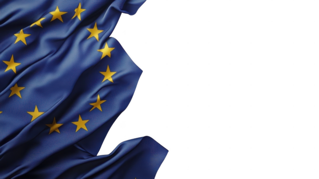 Bright blue flag with golden stars gently waving, symbolizing the European Union's unity and diversity among countries