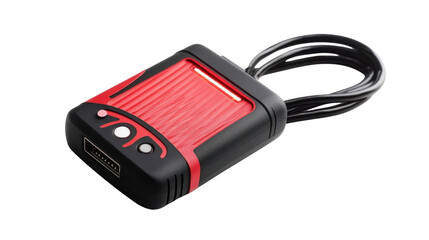 Compact audio adapter with a red and black casing and a connecting cable, ideal for audio processing tasks