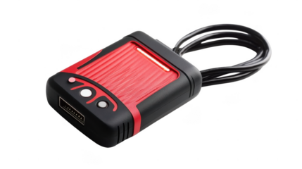 Compact audio adapter with a red and black casing and a connecting cable, ideal for audio processing tasks