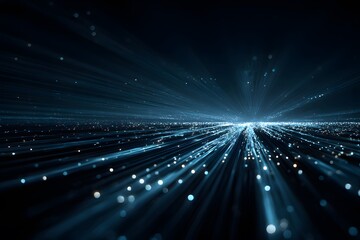 Abstract digital background with blue glowing lines and dots forming an illuminated tunnel leading to the horizon, symbolizing advanced technology or global network connections.