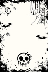 Grunge style splatter ink design of Halloween elements on abstract white background with black stains decoration.
