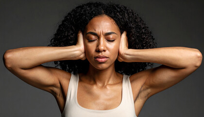 A woman with her hands over her ears, an anxious expression on her face.