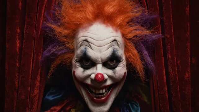 Mysterious Clown Behind Red Curtain. Scary tragicomic fun joker. Mysterious frightening comic character. Circus tent. Creepy Clown Peeking from Behind Curtains.