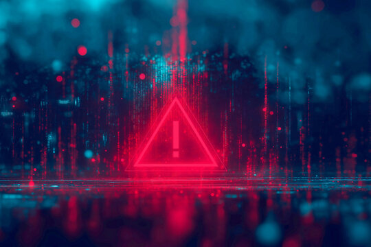 Abstract Cybersecurity Warning Digital Error Screen Background with Red Triangle Alert and Glitch Effect
