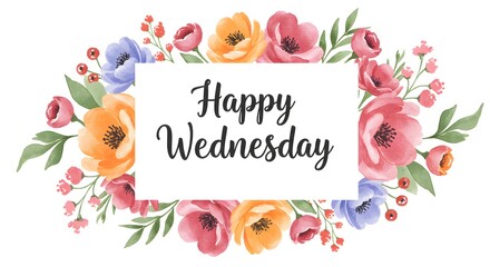 A floral arrangement with colorful flowers surrounds a white rectangle with the text "Happy Wednesday" in black script.