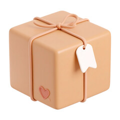 A light peach-colored, tied-up cardboard box, digitally rendered, with a small tag and heart design.