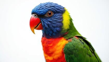 Vibrant close-up portrait of colorful parrot against clean white background. Studio shot features intricate feather details, bird solitary elegance, striking plumage. Ideal for themes of nature,