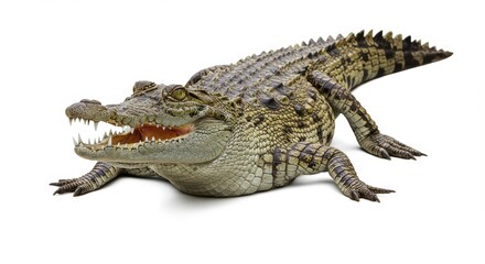 Close-up of a smiling crocodile on white background with sharp teeth and textured skin details