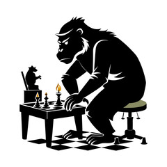 Strategic Boss Ape Silhouette Playing Chess at Office Desk – Business Intelligence, Power Play, Leadership, Corporate Strategy Vector Art
