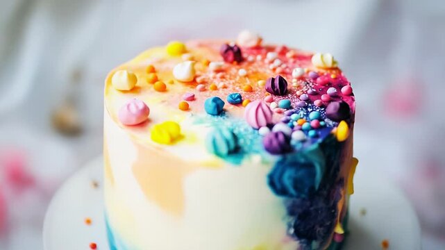 Rainbow cake decorated with icing drips and sprinkles stands on a cake plate