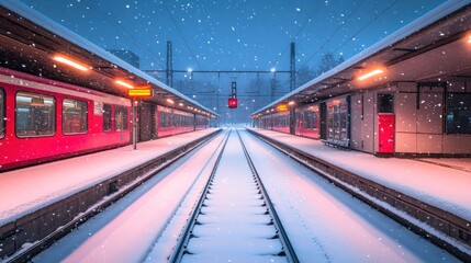 Snowy train station at night. Red trains on tracks covered in snow