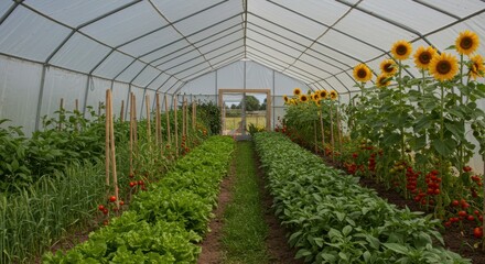 Vibrant greenhouse garden with lush vegetables and bright sunflowers