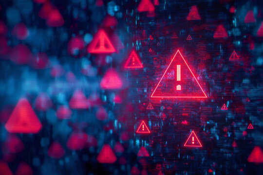 Abstract Cybersecurity Warning Digital Error Screen Background with Red Triangle Alert and Glitch Effect
