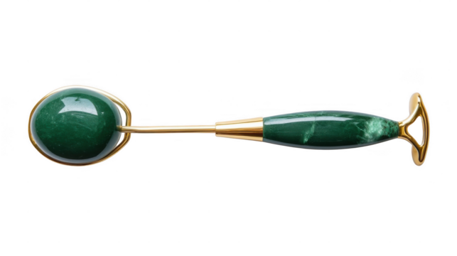 This jade facial roller has a green stone and gold handle, perfect for skincare and relaxation