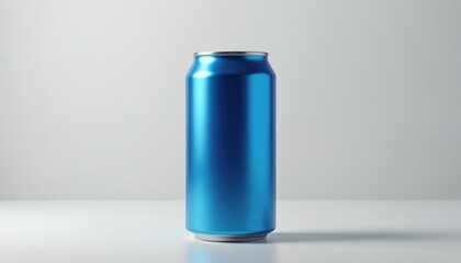 Sleek tall blue aluminum beverage can presented on minimalist background. Ideal for product mockups, showcases any beverage, fluid or liquid refreshment. Modern graphic design, simple package.