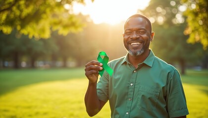 Smiling African American man holds green awareness ribbon outdoors. Sunny park setting promotes health, positivity, support for causes like mental health, equality, and charity.