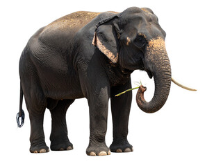 Obraz premium Asian Elephant Holding Sugarcane with Trunk, Side Profile View, Isolated PNG