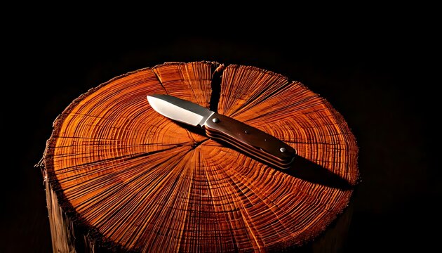 Pocket Knife On Rustic Wooden Tree Stump