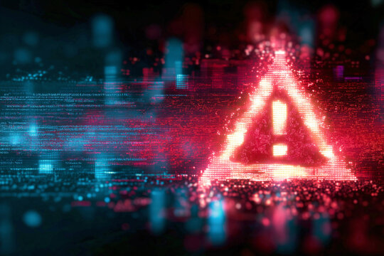 Abstract Cybersecurity Warning Digital Error Screen Background with Red Triangle Alert and Glitch Effect

